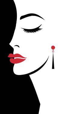 Kalın kırmızı ruj ve zarif küpelerle bir kadının yüzünün stilize edilmiş bir görünümü. Görüntü çarpıcı bir siyah beyaz tasarım ile sunuluyor..