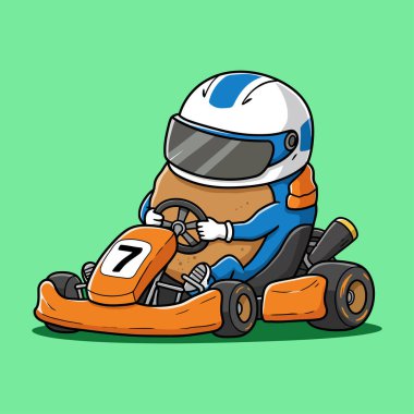Yarış kıyafeti ve miğfer giyen go-kart 'lı bir patates karakteri dinamik bir pozda resmedilir..