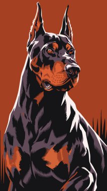 Bir Doberman Pinscher 'ın yakın plan portresi, dinamik bir poz ve kalın bir renk paleti sergiliyor. Köpeğin yoğun bakışları ve detaylı kürkü zengin ve sıcak bir arka plana vurgulanır..