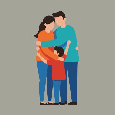 Üç kişilik bir ailenin, bir annenin, bir babanın ve bir çocuğun sıcak bir şekilde kucaklaşmasının tasviri. Şekiller düz tasarım tarzında tasvir edilir, koyu renkler ve basit şekillerle..