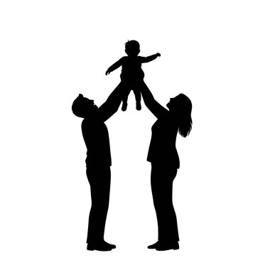 Bir ailenin silueti; basit, zarif bir şekilde tasvir edilmiş bir baba, anne ve çocuk. Ebeveynler çocuğu havaya kaldırıyor, sevgi dolu bir an sergiliyorlar..