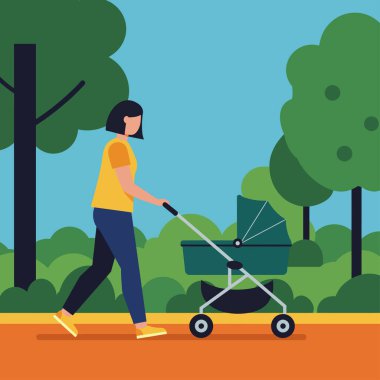 Sarı bluzlu ve mavi pantolonlu bir kadın bir parkta yürüyor, bir bebek arabasını itiyor. Sahne parlak renkli ve stil dolu..