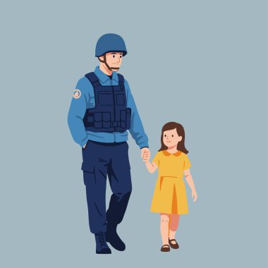 Üniformalı bir arabulucu ve genç bir kız, el ele tutuşarak, basit, düz bir tasarımla birlikte yürüyorlar..