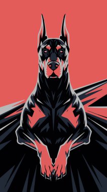 Abartılı kas yapısı ve süper kahraman pozlarıyla tasvir edilen bir Doberman Pinscher 'ın stilize edilmiş bir tasviri..
