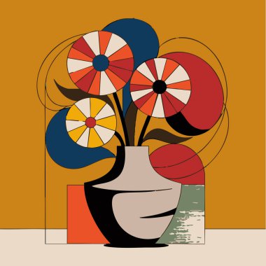 Kalın renk ve şekillere sahip bir vazoda çiçeklerin stilize edilmiş, geometrik tasviri. Çiçekler vazoya ve geometrik bir tabana odaklı eş merkezli çemberlerden oluşur..