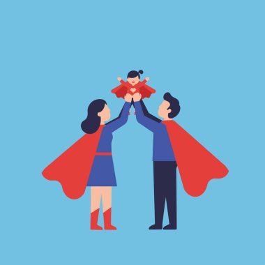 Süper kahramanlar gibi giyinmiş, havada bir kız bebek taşıyan, ebeveynleri tarafından havada tutulan bir ailenin stilize edilmiş bir çizimi..