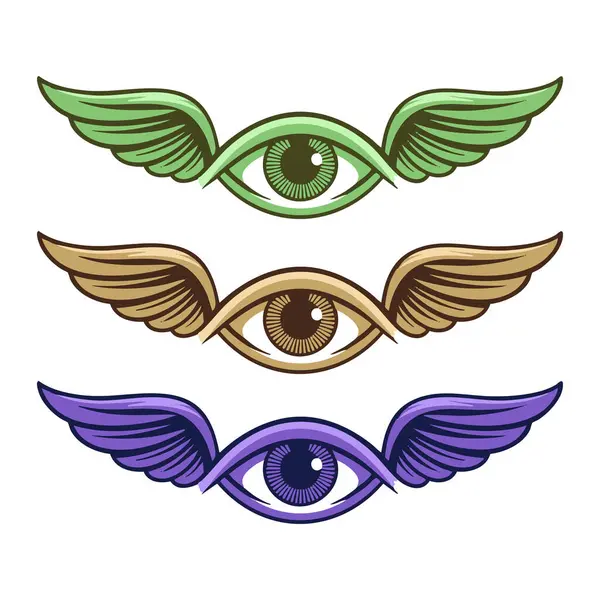 Üç stilize göz sembolü, her biri yeşil, kahverengi ve morun değişik tonlarında ayrıntılı kanatlara sahip..