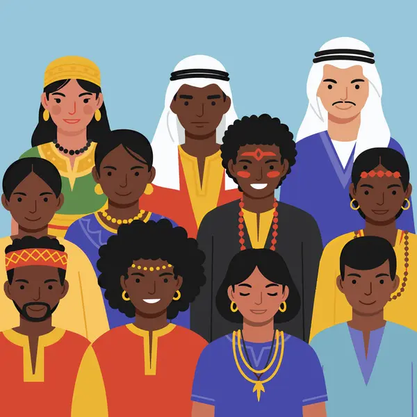 Her biri geleneksel kıyafetler giyen, kültürel çeşitlilik ve birlik sergileyen farklı bir grup insanın yakın plan portresi..