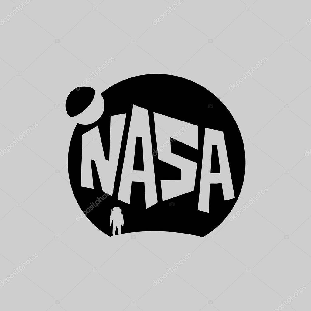 A stylized, graphic NASA logo featuring the word NASA in a bold, angular font, set within a curved shape. A small astronaut silhouette is positioned within the design.