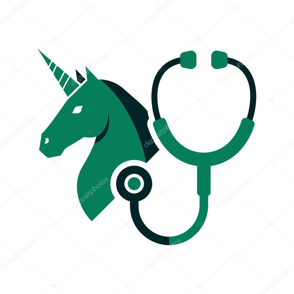 A stylized unicorn head combined with a stethoscope, suggesting a focus on holistic health and wellness.