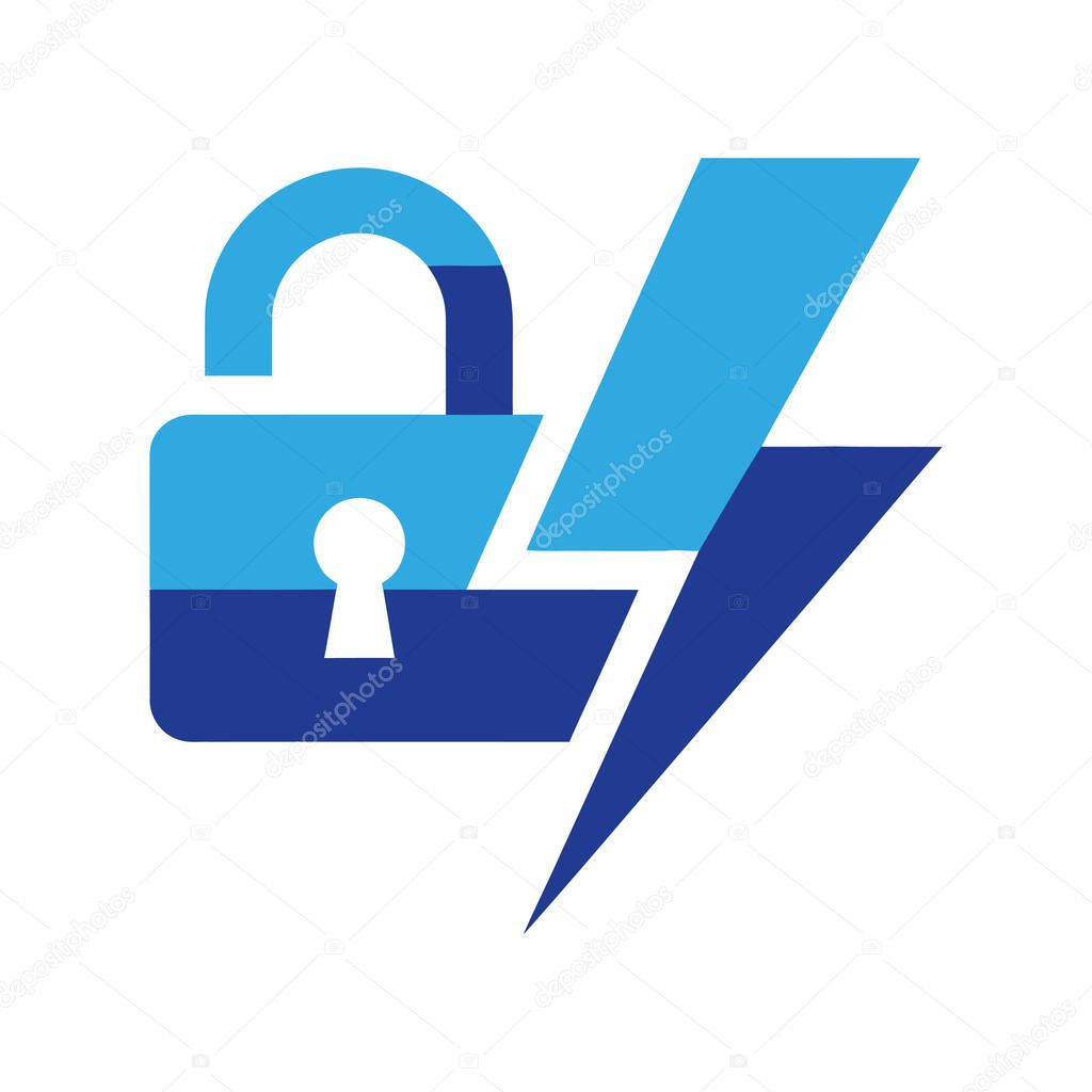 A stylized graphic of an unlock symbol combined with a lightning bolt, featuring a vibrant color scheme of light and dark blue.