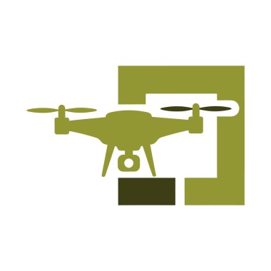 Zeytin yeşili drone silueti, soyut geometrik bir şeklin önüne yerleştirilmiş bir kamera ile modern, minimalist bir tasarım yaratıyor..