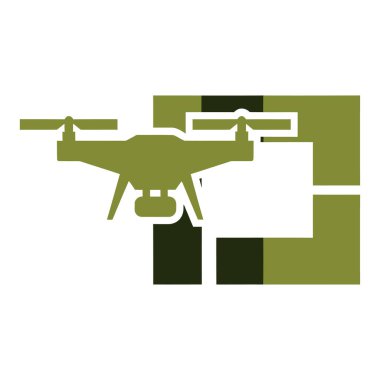 Zeytin yeşili drone silueti, soyut geometrik bir şeklin önüne yerleştirilmiş bir kamera ile modern, minimalist bir tasarım yaratıyor..