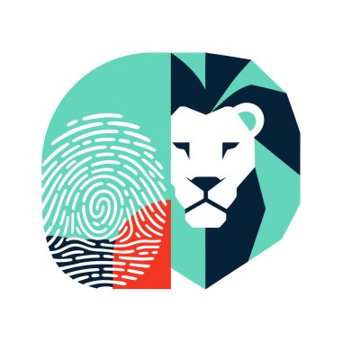 Modern, geometrik tarzda, deniz mavisi, beyaz ve kırmızı renkler kullanan bir aslan başının grafiksel görüntüsü ve parmak izi deseni..