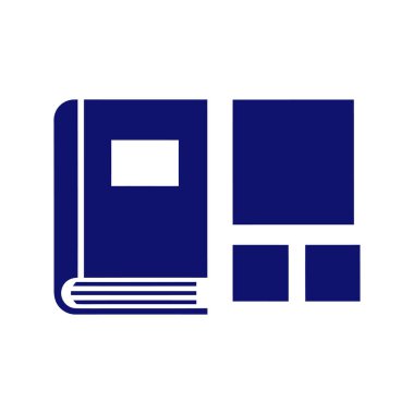 Kapağında beyaz etiket olan bir lacivert kitap simgesi, kareler ve çizgilerden oluşan soyut bir grafik öğesi ile birlikte..