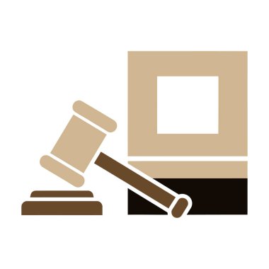 Bir ses bloğunun üzerinde, bir hukuk kitabının yanında duran, geometrik, minimalist bir tasarım ile toprak tonlarında yapılmış bir tokmağın stilize bir çizimi..
