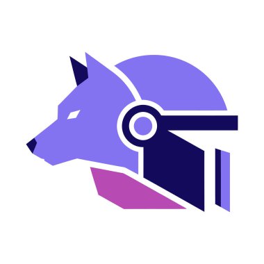 Profilde stilize edilmiş kurt kafası, geometrik şekiller ve mor, lacivert tonlarda fütüristik kask tasarımı..