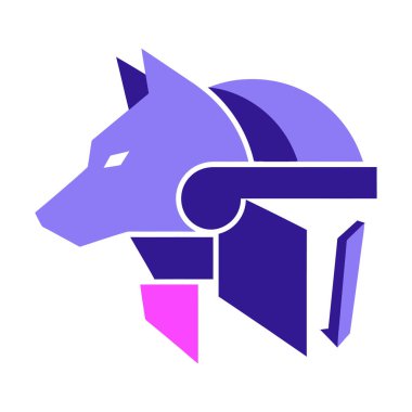 Profilde stilize edilmiş kurt kafası, geometrik şekiller ve mor ve lavantanın değişik tonlarında fütüristik bir miğfer..