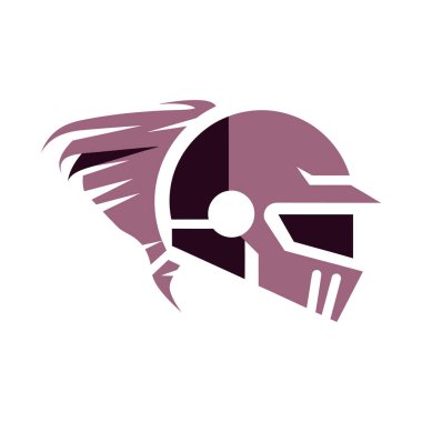 Dalgalı tüylü stilize bir şövalye miğferi. Tasarım geometrik ve leylak renk paletinde işlenmiş..