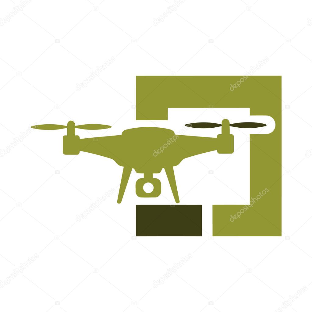 Olive green drone silhouette featuring a camera, positioned in front of an abstract geometric shape, creating a modern, minimalist design.