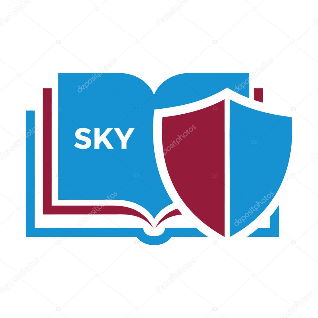 An open book graphic with the word 