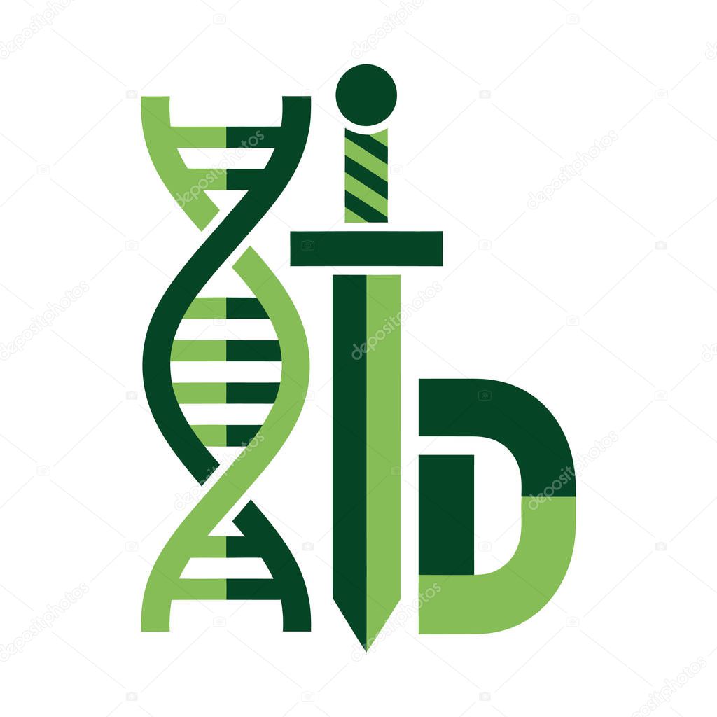 A stylized green DNA helix, a sword, and a letter D are combined in a modern, minimalist design. The sword is centered, overlapping the DNA and the letter.