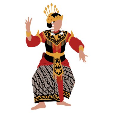 Geleneksel Endonezya kıyafeti giymiş bir dansçı kültürel bir dans sergiliyor. Kostüm süslü, başlıklı ve desenli kumaşlı..