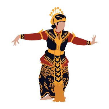 Geleneksel kostüm detaylarını gözler önüne seren stil sahibi bir Java dansçısının tam karesi. Dansçı profil görüntüsünde tasvir ediliyor, kollar açık..