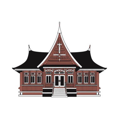 Illustration of a traditional Minangkabau house, showcasing its distinctive angled roof, wooden structure, and symmetrical facade on a white background.