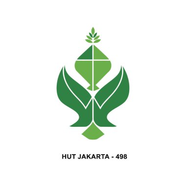 Jakarta 'nın 498. yıldönümü logosu, büyümeyi ve geleneği simgeleyen stilize edilmiş yeşil bir uçurtma ve yaprak tasarımı içeriyor. Temiz, modern vektör illüstrasyonu.