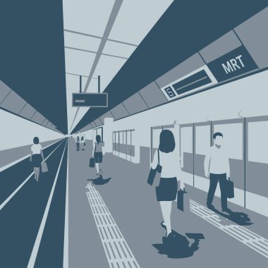 Modern bir metro platformunun, minimalist bir tasarım ve soluk renk paleti sergileyen, bekleyen yolcuların stilize edilmiş bir illüstrasyonu..