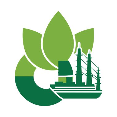 Grafik, yeşil enerji ve çevresel sürdürülebilirliği temsil eden yapraklarla birleştirilmiş bir fabrika siluetini tasvir ediyor. Tasarım yeşilin tonlarını kullanır.