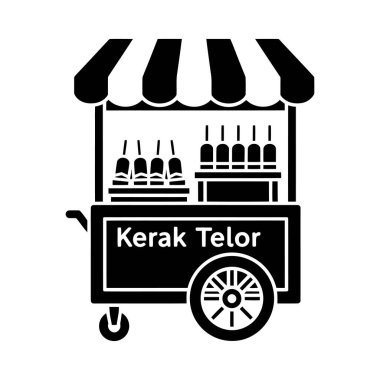 Kerak Telor sokak yemek arabasının siyah beyaz çizimi ürünlerini ve adını sergiliyor. Basit, doğrudan biçim.