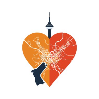 Kalp şeklinde şekillendirilmiş Toronto haritası, CN Kulesi merkezde yukarıda. Basit, düz tasarım..