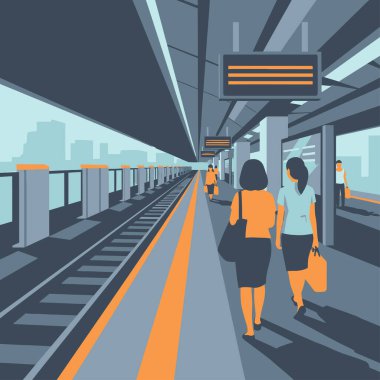 Tren platformu boyunca yürüyen iki kadın, pencerelerden görünen şehir silueti. Sessiz renklerle biçimlendirilmiş, düz bir tasarım..