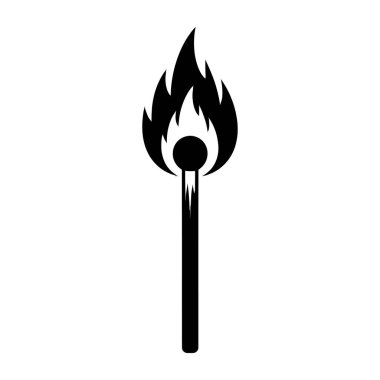 Alevli siyah bir kibrit çöpünün cesur, siyah silueti, düz beyaz bir arka planda. Görüntü basit, grafik bir gösterim.