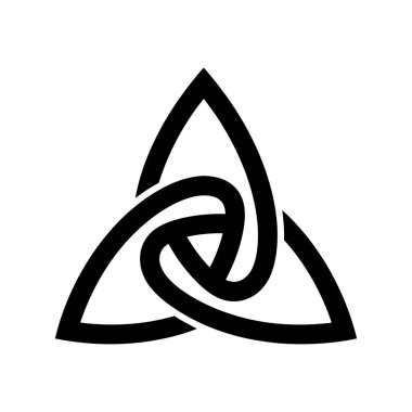 Tarzlaştırılmış, üçgen düğüm tasarımının siyah beyaz çizimi. Resim ortalanmıştır ve kalın çizgiler içerir.