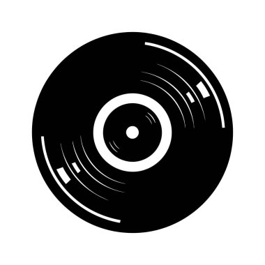 A black and white illustration of a vinyl record, featuring a stylized design with bold lines and a central label.