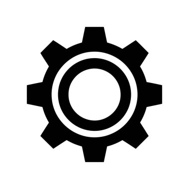 Beyaz arka planda mekanik, ayar ya da teknolojiyi temsil eden bir siyah dişli simgesi. Görüntü basit, temiz bir tasarım..