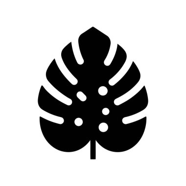 Beyaz bir arka planda izole edilmiş, basit, koyu siyah bir Monstera leziz yaprağı silueti. Görüntü ortalanmıştır ve düz bir tasarıma sahiptir..