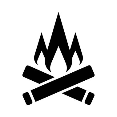 Siyah ve beyaz bir grafik ikonu, düz beyaz bir arkaplan üzerine kurulmuş çapraz kütükler ve stilize alevlerle bir şenlik ateşi tasvir eder..