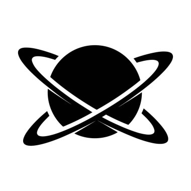 Cesur, siyah bir grafik, iki kesişen eğri çizgilerle çevrili bir çember tasvir ediyor. Gezegen halkalarını işaret ediyor. Basit, yüksek karşıtlık tasarımı.