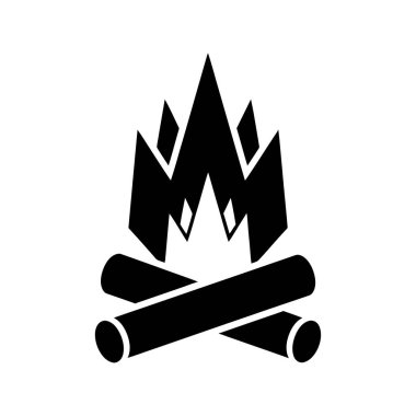 Bir kamp ateşinin basit, grafik bir çizimi. Siyah alevler iki çapraz kütüğün üzerinde yükseliyor, hepsi temiz beyaz arka plana karşı..