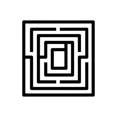 Merkezi bir amacı olan siyah kare bir labirent beyaz arka planda izole edilir. Labirentin yolları ve temiz bir çözümü var..