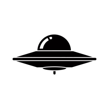 Beyaz arka planda izole edilmiş, kubbeli ve iniş takımlı bir uçan dairenin siyah silueti..