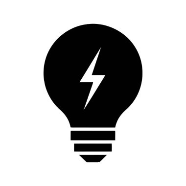 Merkezinde beyaz bir yıldırım bulunan siyah bir ampulü beyaz bir arkaplanda gösteren basit ve yüksek kontrastlı bir grafik..