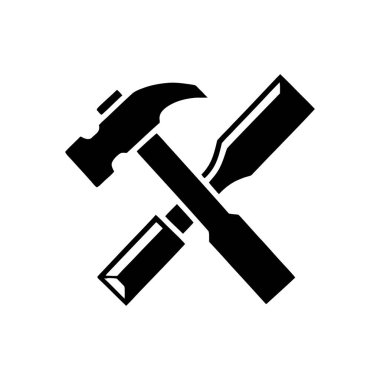 Siyah bir çekiç ve keski silueti çaprazlanmış, temiz beyaz arkaplan üzerine kurulmuş. Marangozluk ve marangozluk aletleri.