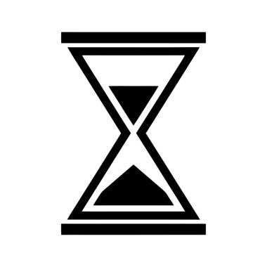 Minimalist bir siyah-beyaz kum saati ikonu, zamanın geçişini, teslim tarihlerini ve bekleme konseptini temsil ediyor. Grafik beyaz bir arkaplanda izole edilmiş..