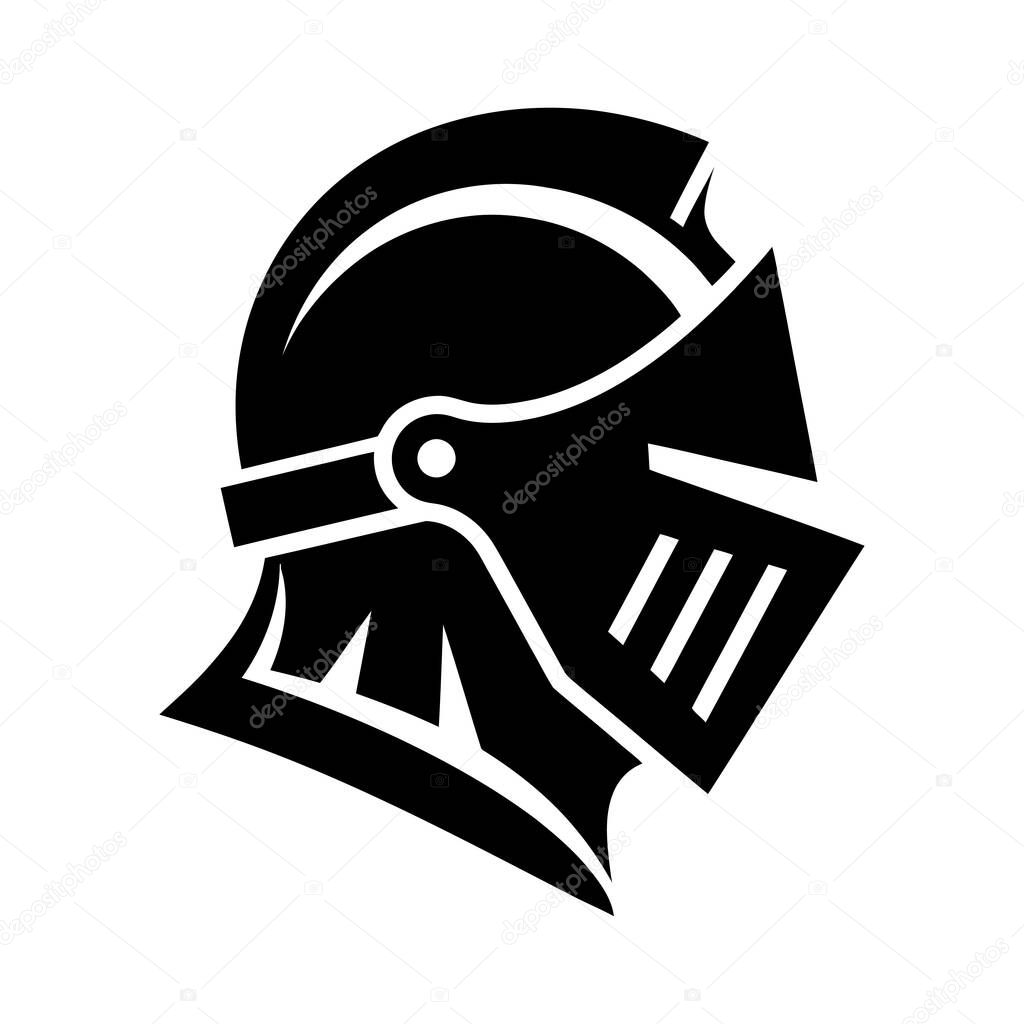 A bold black silhouette of a knight's helmet, featuring a closed visor and a distinctive crest, set against a clean white background.