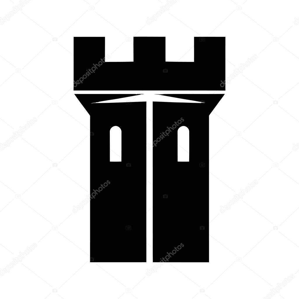 A simple, black silhouette of a castle tower against a white background. The image is centered and features two small windows.